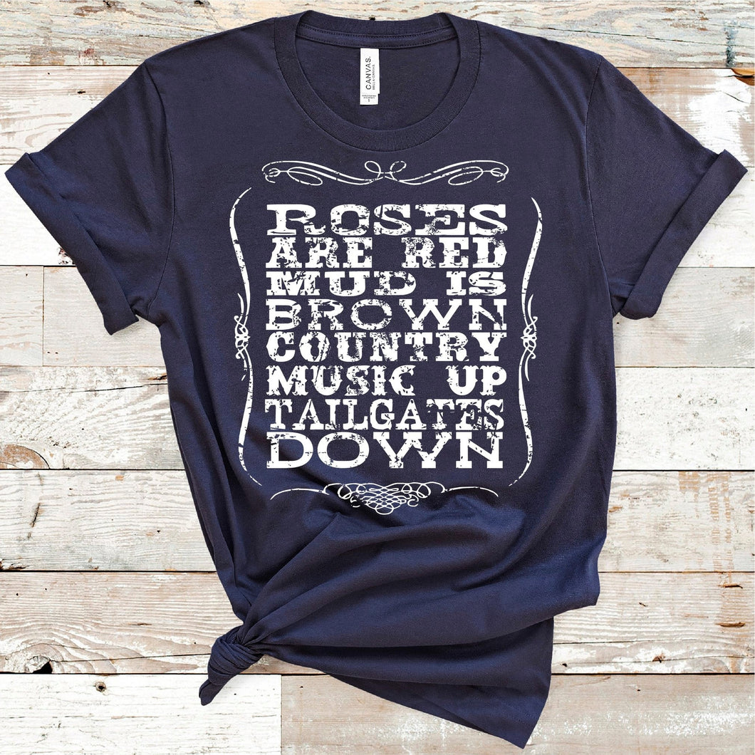 Country Music Up Tailgates Down Adult Screen Print Shirt