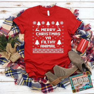Merry Christmas Ya Filthy Animals Adult Screen Print Shirt