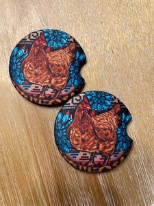 Turquoise Stone/Cheetah Rooster Car Coasters